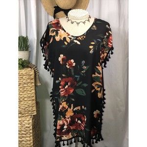 Swim Cover Up Womens XS Floral Sheer  Tassel Vacation Beach